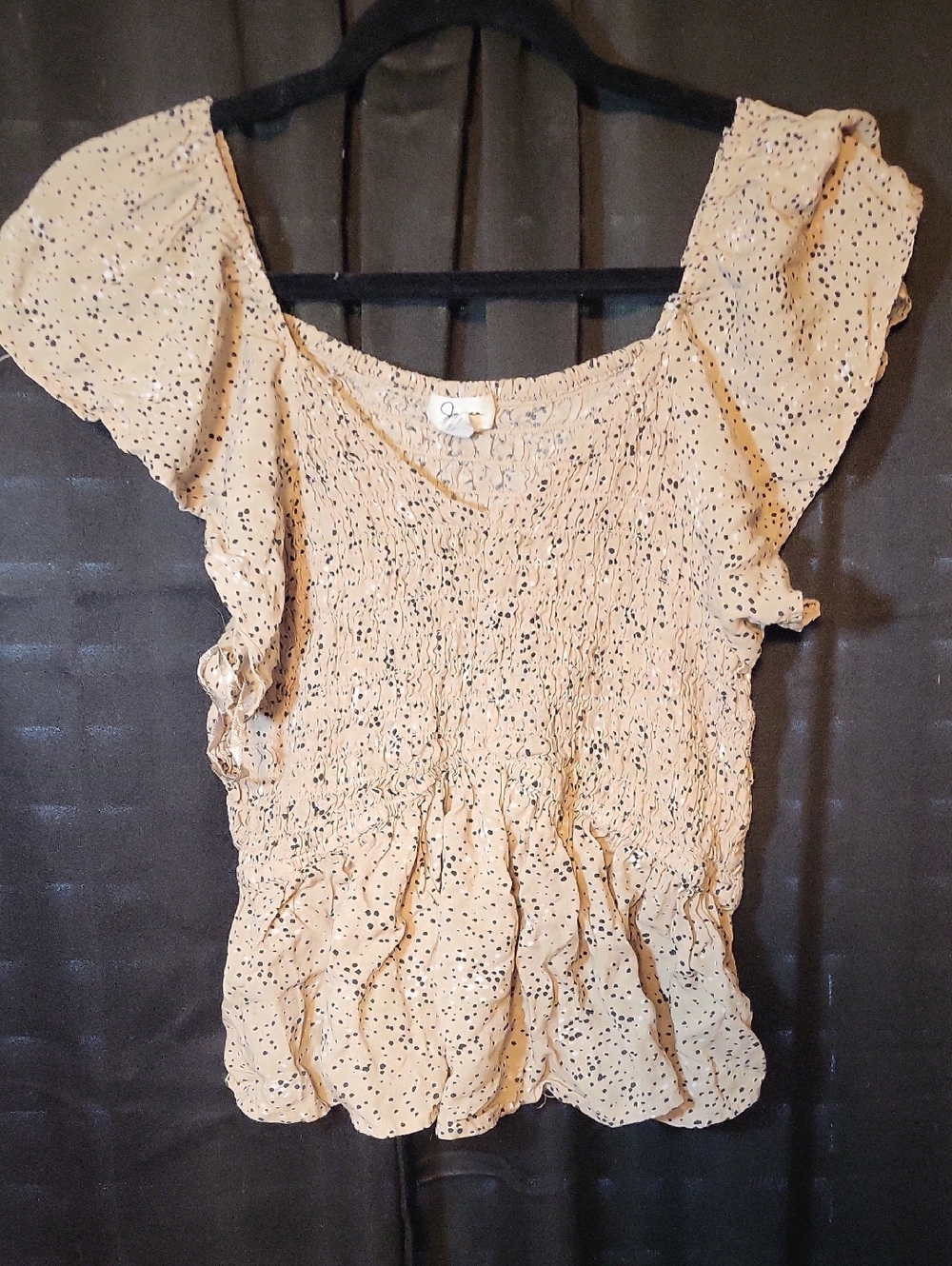 Beige Polka Dot Smocked Flutter Sleeve Blouse